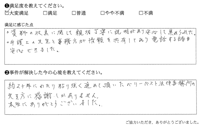 弁護士の先生と事務所が情報を共有しており電話する時安心できました