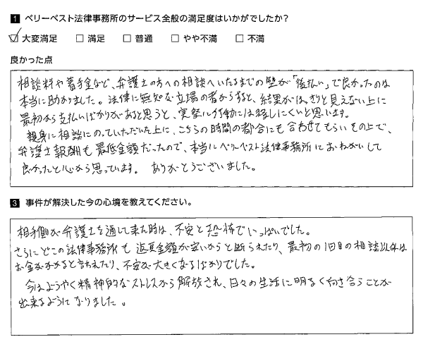 時間の都合にも合わせてもらいその上で、弁護士報酬も最低金額だった