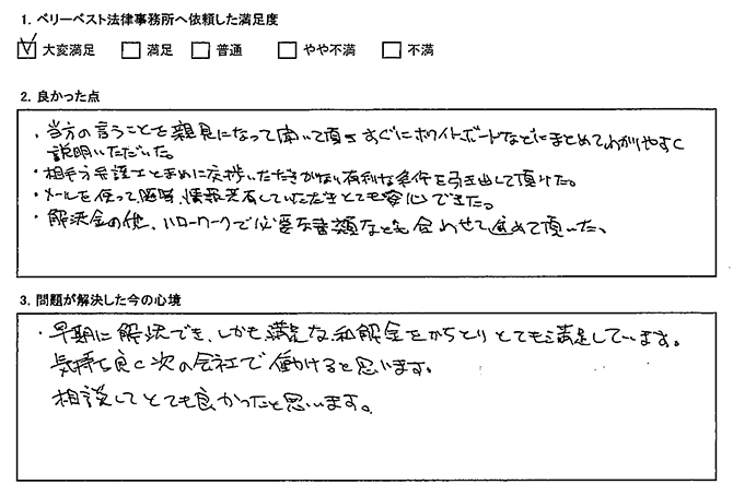 相手方弁護士とまめに交渉いただきかなり有利な条件を引き出して頂けた