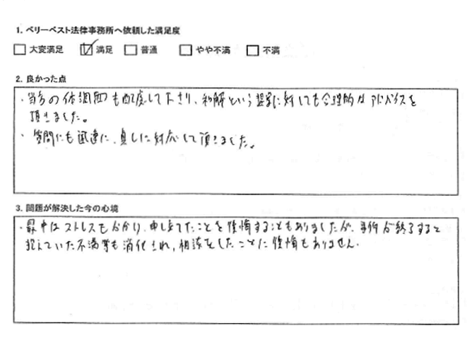 抱えていた不満等も消化され、相談をしたことに後悔もありません